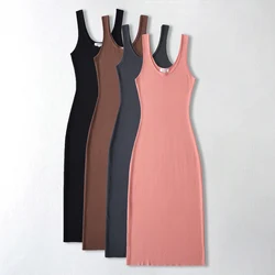Midi dresses for women 2024 Summer casual dresses elegant bodycon dress knitted vintage clothes dress beach sundress pink brown