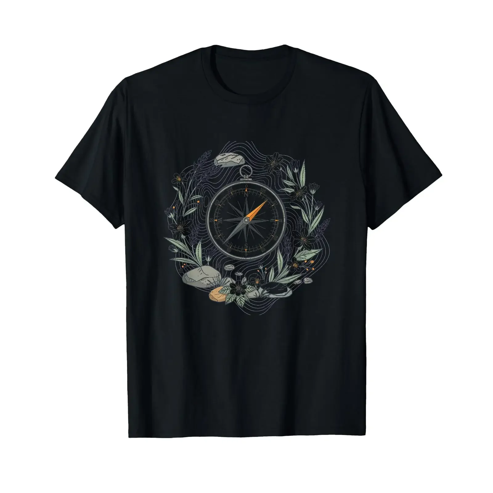 Trail Compass Wildflowers Hiking Navigation Art T Shirt vintage Washed Stylish Breathable Stretched Casual fashion Comfortable