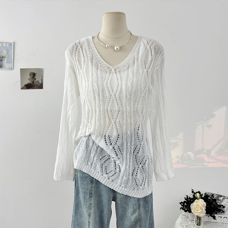V-Neck Long Sleeve Knitted Hollow Out Sweater Spring Summer Back Lace-up Solid Color Thin Knitwear Tops