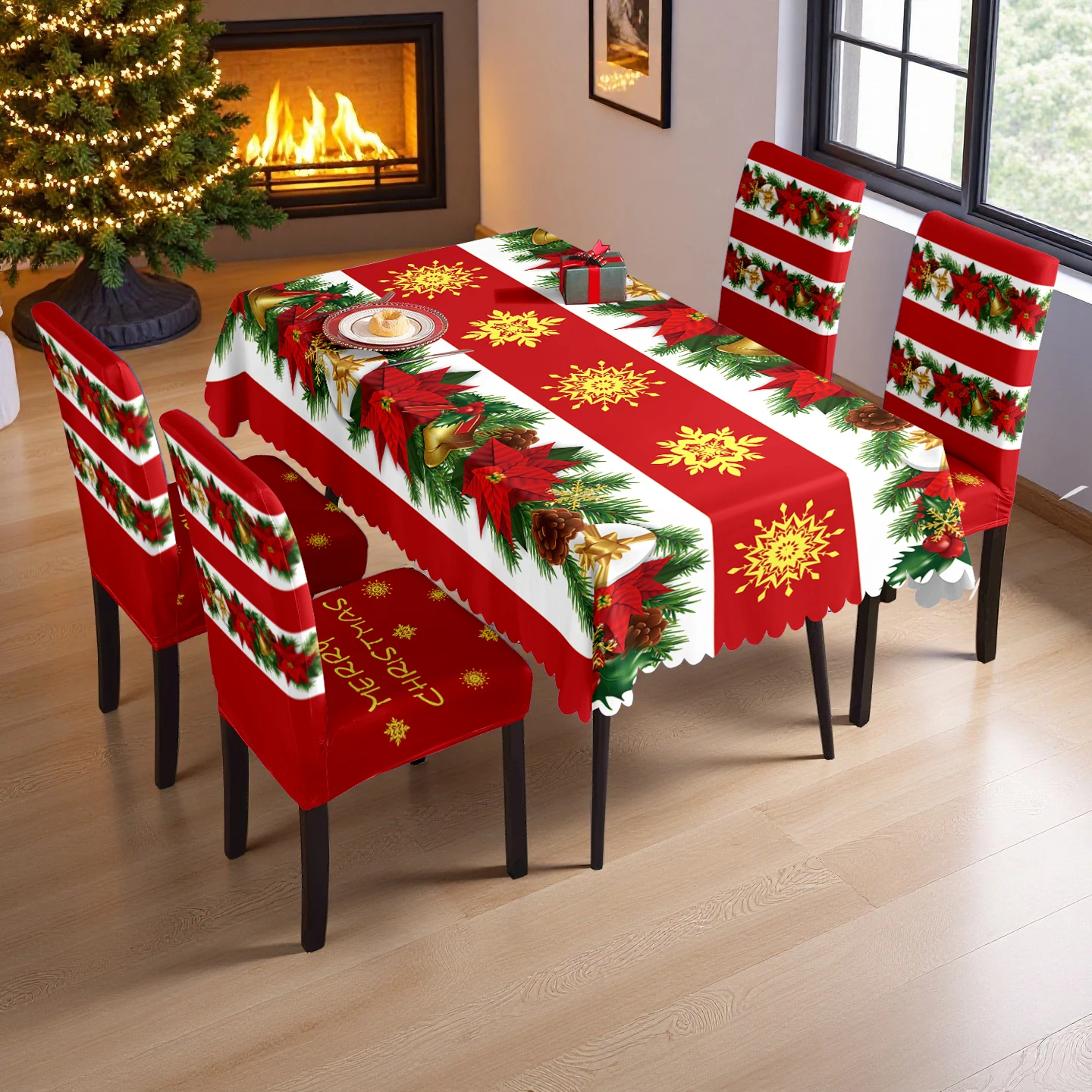 

5/7pcs Red White Striped Christmas Print Tablecloth Chair Cover Set with Poinsettia, Snowflake & "Merry Christmas"