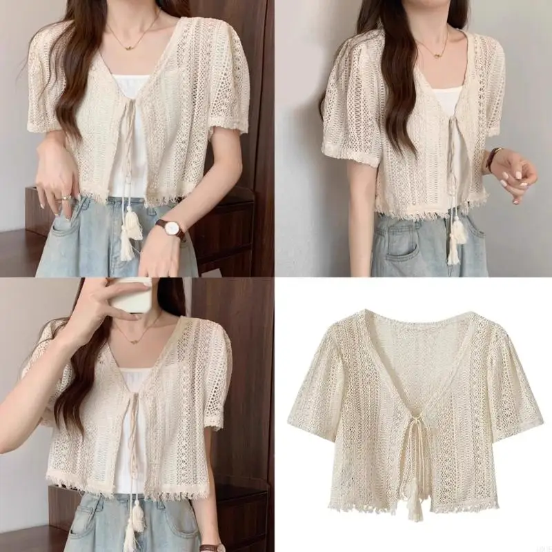 Crochet Shrug Sweaters Sheer Summers Beach Bathing Swimsuit Cover Ups Summers Outfits Short Sleeve Cropped Cardigans 