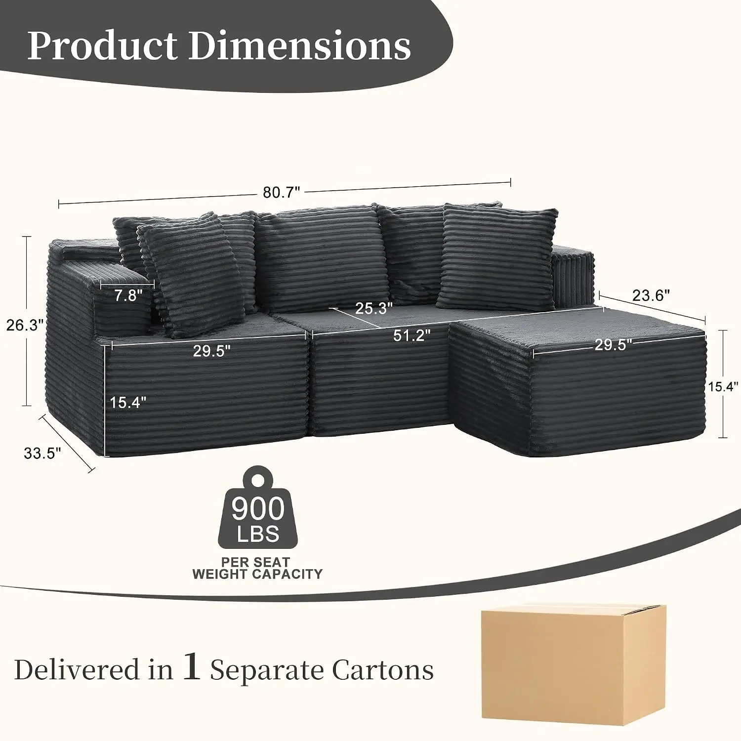 Cloud Modular Sectional Sofa L-Shape Fluffy Corduroy Deep Seat Ottoman Living Room Bedroom Apartment No Assembly, Customized