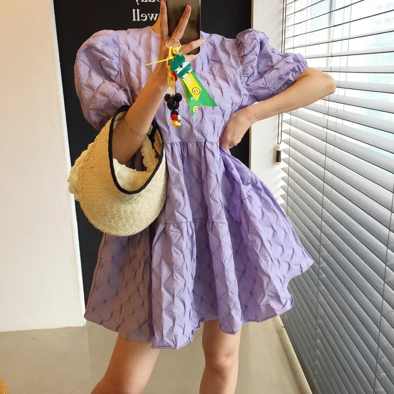 Sweet Summer Faion geplooide textuur Bubble Sve ort rok Dr. Koreaanse Sle Regular Fit vrijetijdskleding voor verschillende gelegenheden