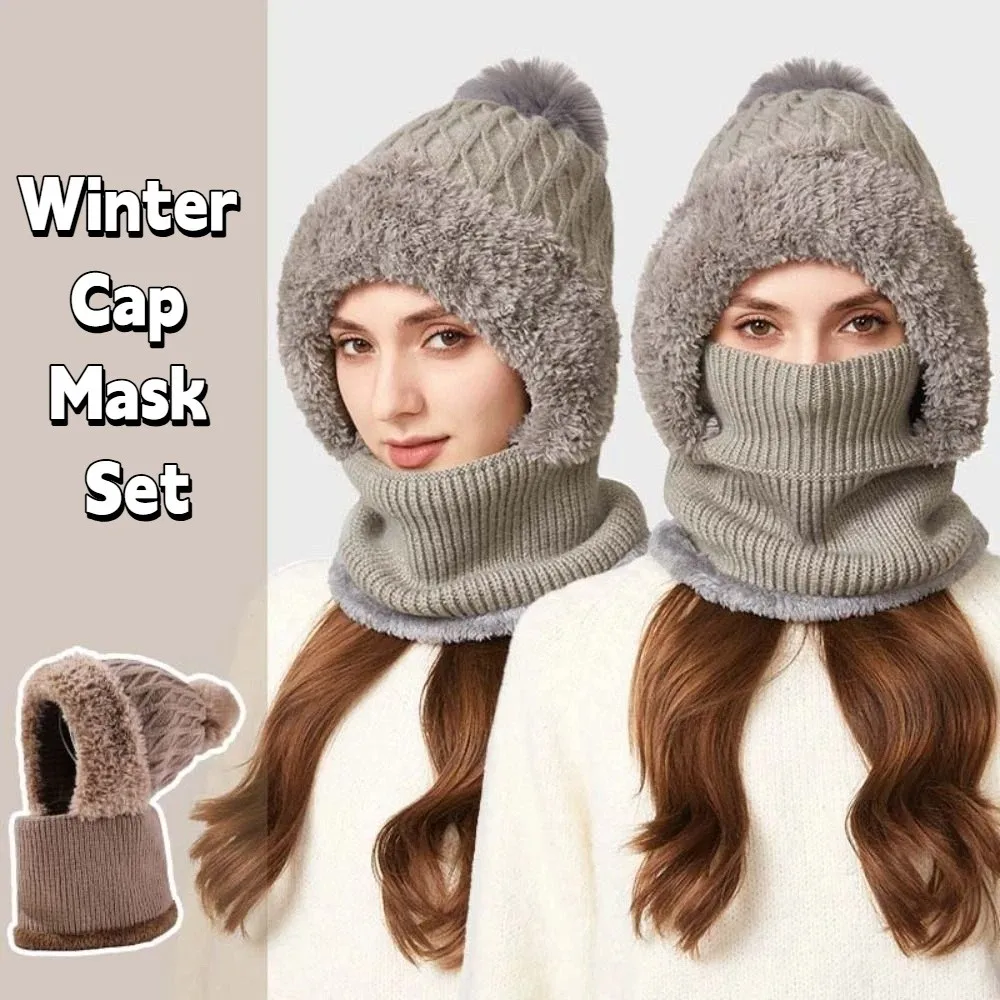 

Casual Plush Winter Cap Mask Set Solid Color Thicken Warm 2in1 Scarf Hat Ear Protection Windproof Balaclavas Hat Outdoor