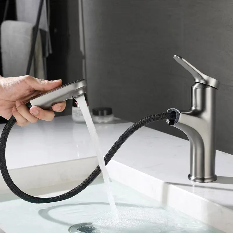 

Gray Pull-out Basin Faucet Universal Expansion Hot And Cold Mixed Water Sink Tap Household Bathroom Cabinet Wash Faucet