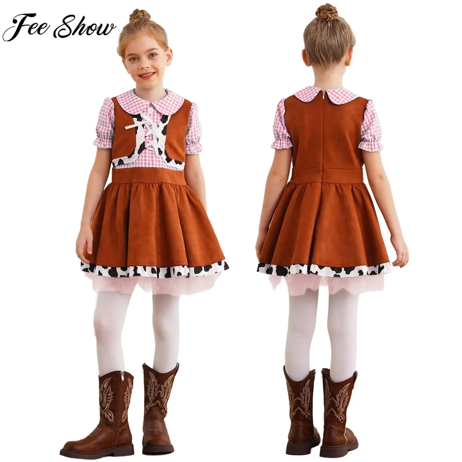 

Детский карнавальный костюм в стиле вестерн для девочек на Хэллоуин, ковбойское платье с пышными рукавами и коровьим принтом в клетку, тематическая вечерние карнавальная одежда