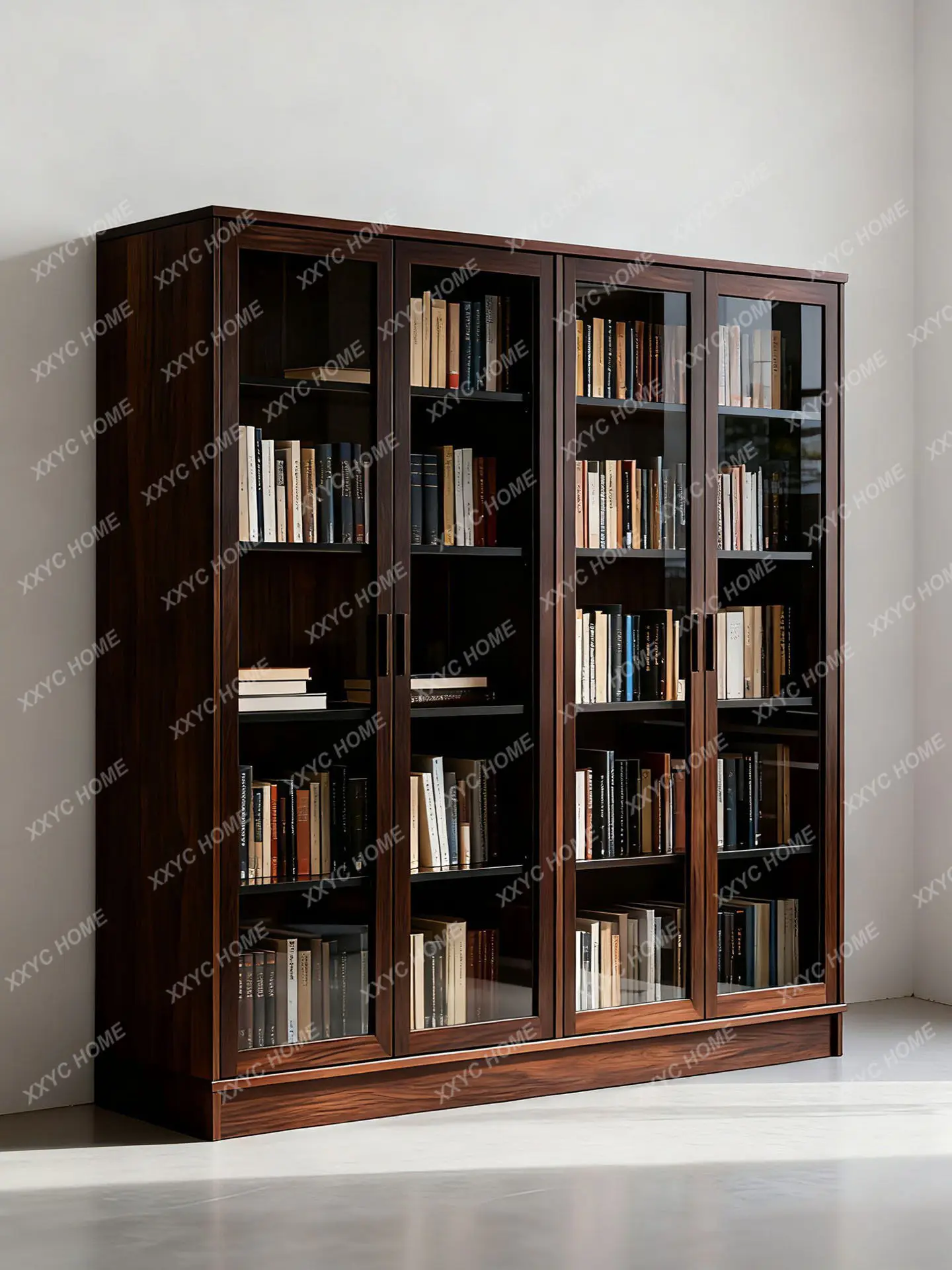 Modern simple light luxury four-door bookcase bedroom solid wood glass display cabinet