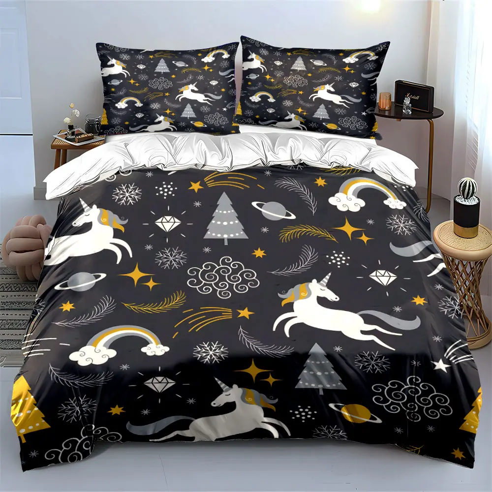 Fantasy Unicorn and Starry Elements Background Bedding set 3PC 1 duvet cover 2 pillowcases adult and children bedding set