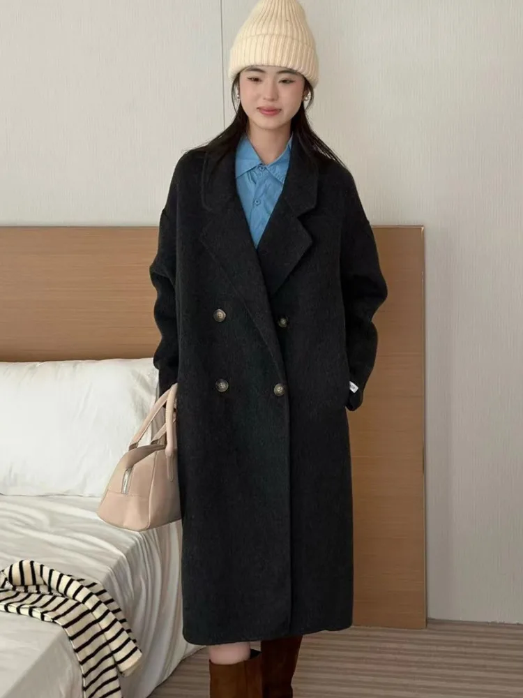 ZMEENNA Cappotto lungo doppiopetto in misto lana da donna chic con risvolto dentellato e tasche Capispalla invernale caldo ZM3494