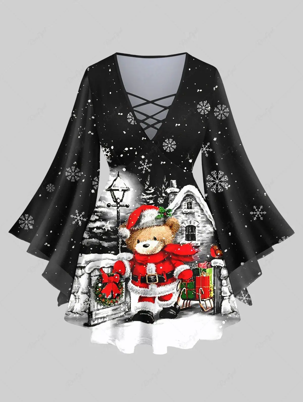 Casual Matching Set for Women Christmas Snowflake Street Lamp Santa Clause, Bear Print Flare Sleeve T-Shirt or Flare Pants XS-6X