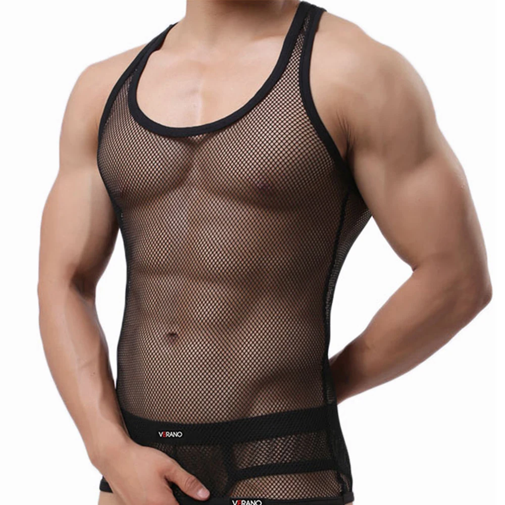 Sexy Tops Transparent Mesh Gym Clothing Men Tank Top Undershirt See Though Sleeveless Shirts Summer Breathable Bodybuilding Vest