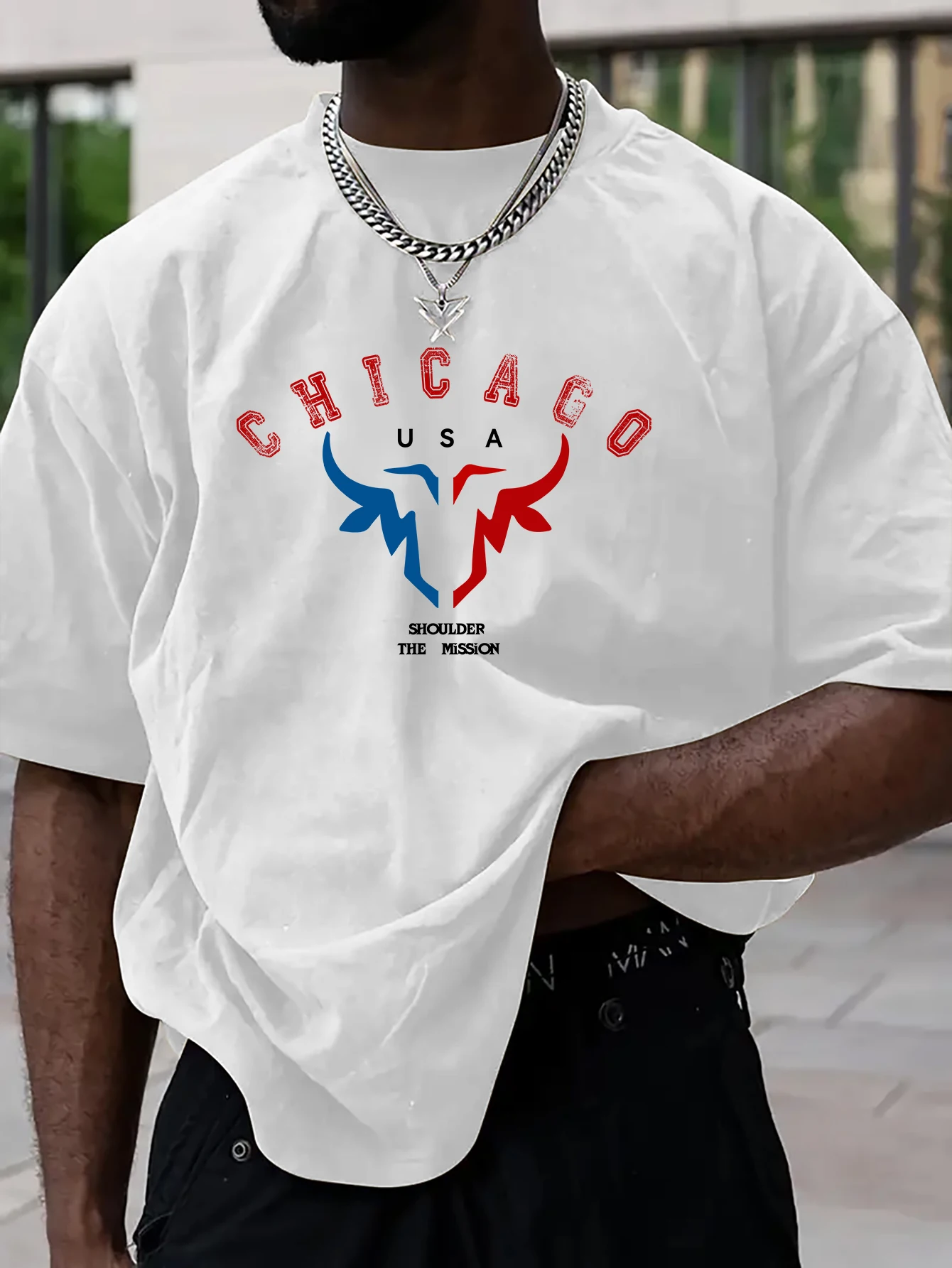 Camiseta Casual Oversize para Hombre con Estampado de Cabeza de Toro y Letras de Chicago USA, Cuello Redondo, Manga Corta, Estilo Urbano