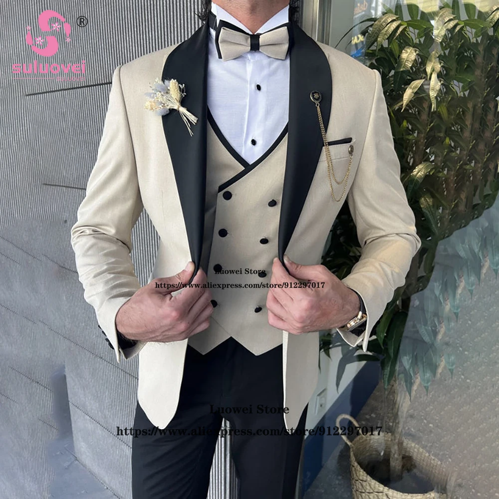 

Fashion Casual Slim Fit Suits For Men Wedding 3 Piece Jacket Vest Pants Set Male Business Blazer Formal Groom Shawl Lapel Tuxedo