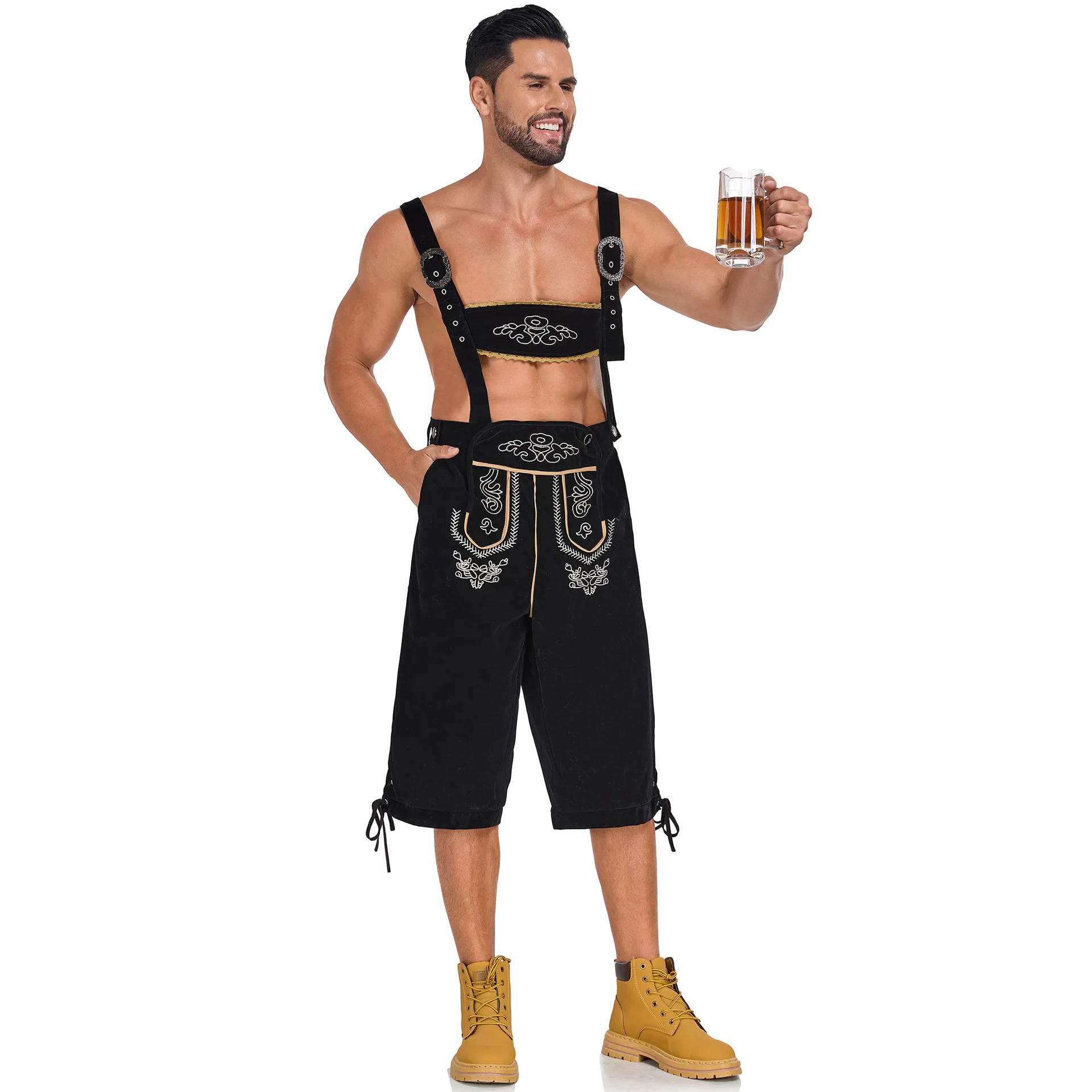 زي Lederhosen لمهرجان البيرة البافارية للرجال مع حمالات - ثوب فضفاض بأكمام قصيرة لمهرجان أكتوبر الألماني #6