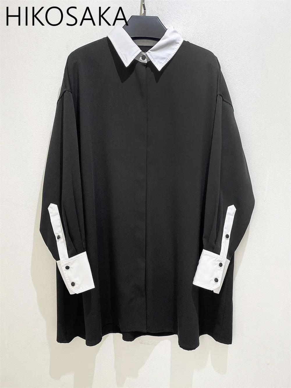 

2025 Autumn Long Sleeve Shirt Dress Contrast Color Turn-down Collar Loose A-line Robe Japan Style Chic Elegant Casual Vestidos