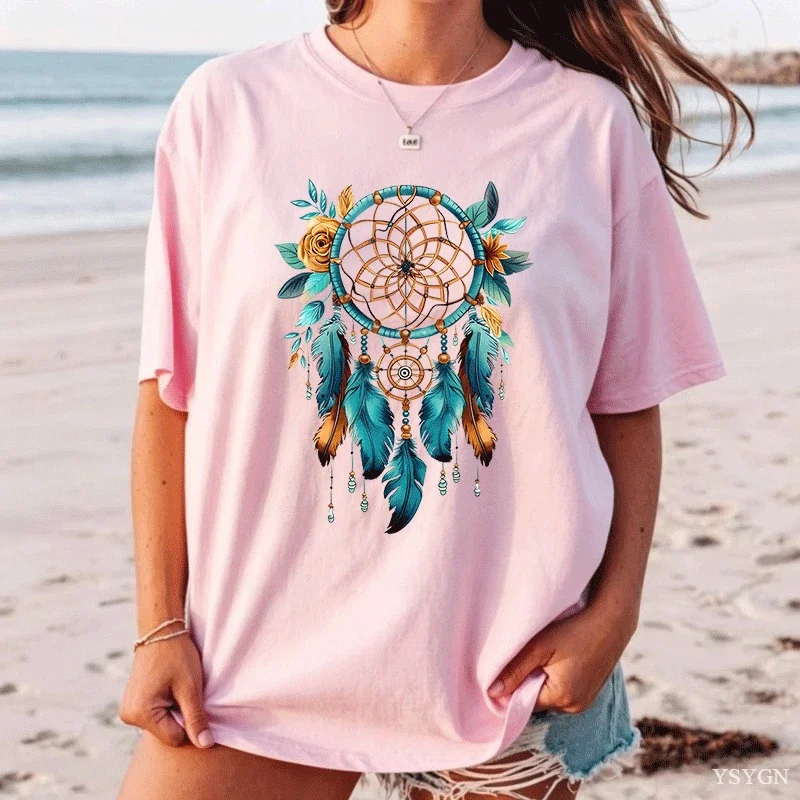 Summer Womens Fashion Feather Dreamcatcher Pattern T-Shirt Harajuku Graphic Tee Shirt Short Sleeves O-Neck tops Womens Clothes