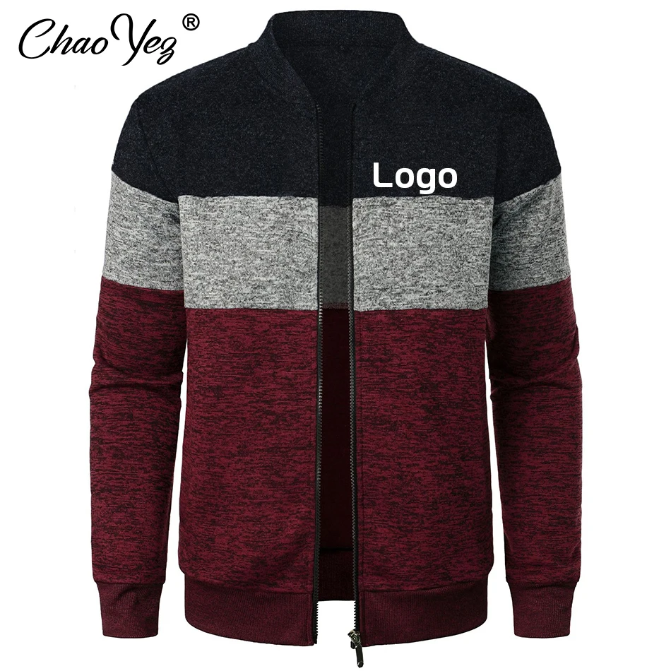 Jaqueta de zíper personalizada masculina, logotipo de texto DIY, casaco patchwork de 3 cores, masculino ao ar livre carregando roupas casuais, rua, outono