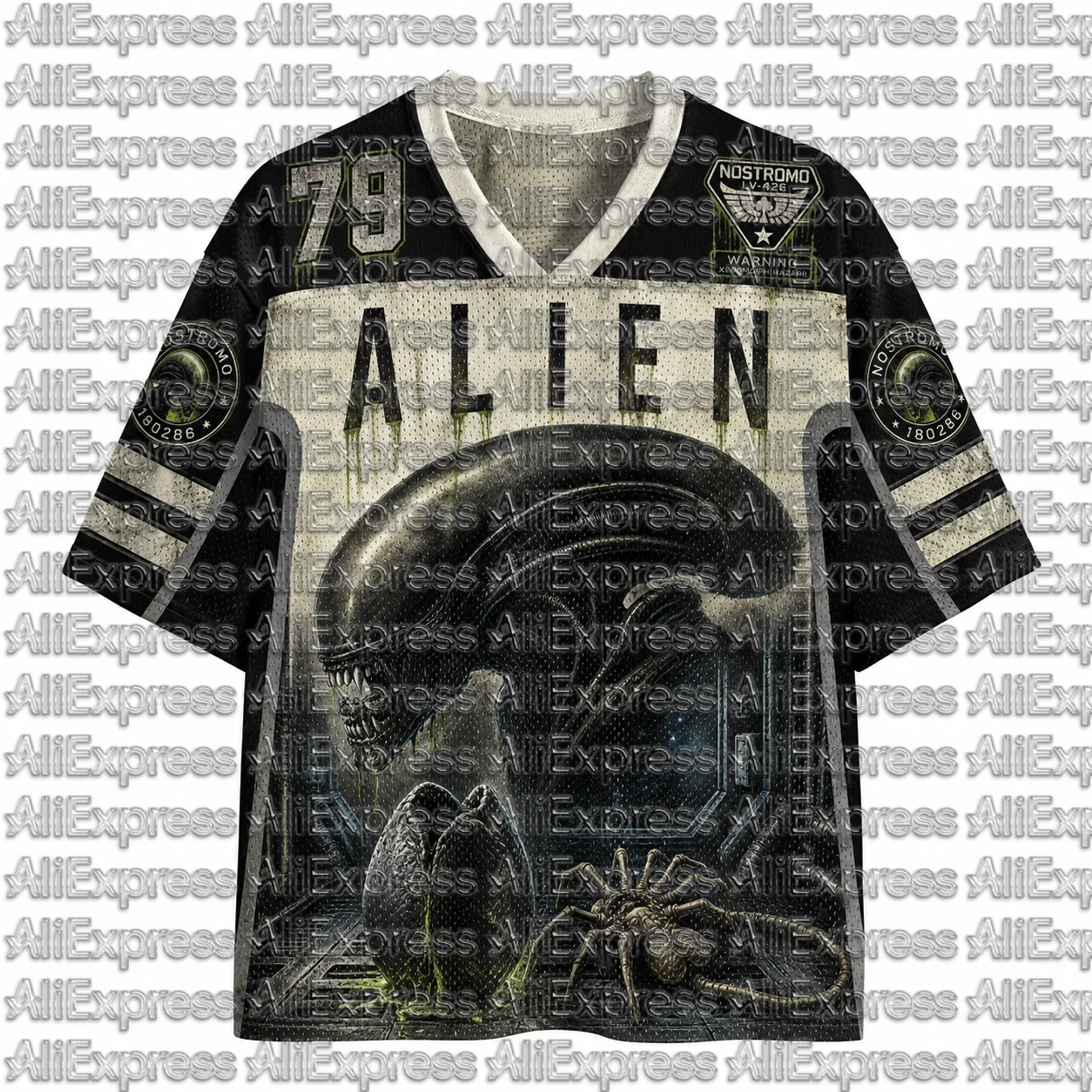 Alien Xenomorph Nostromo 79 Pattern Men's Mesh V-neck Short Sleeved T-shirt Retro Sci Fi Horror Movie Neutral Street Sports Top