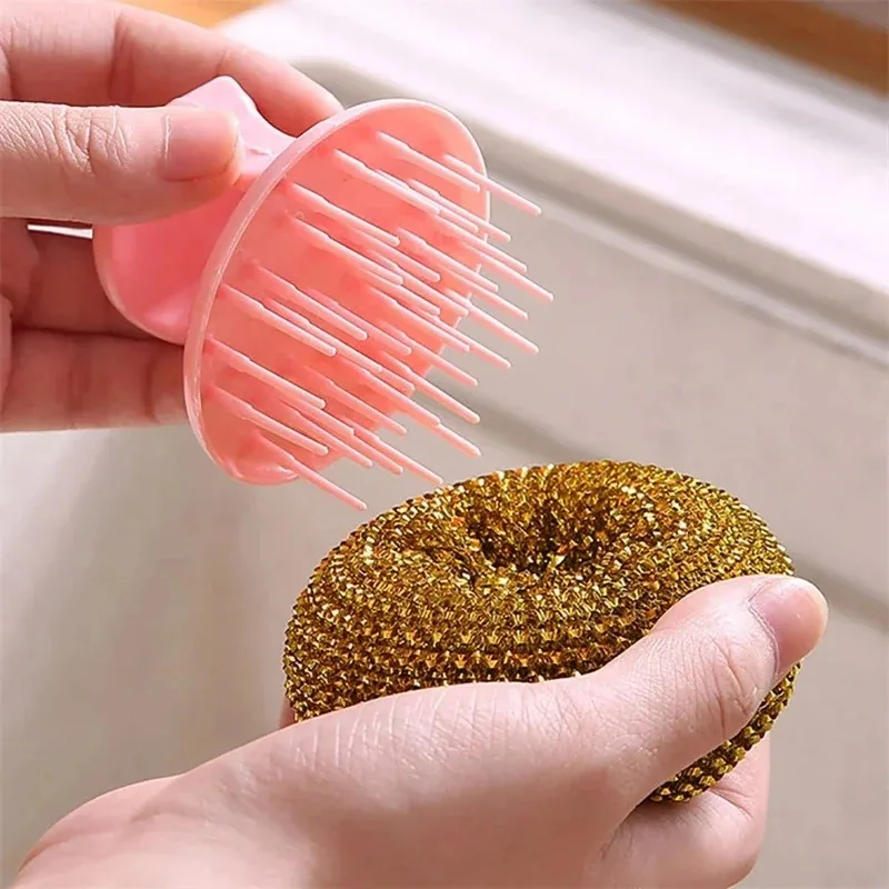 1/3/5 Pcs Steel Wire Cleaning Ball with Handle Interchangeable Head Does Not Damage The Pot Kitchen Cleaning Pot Washing Brush