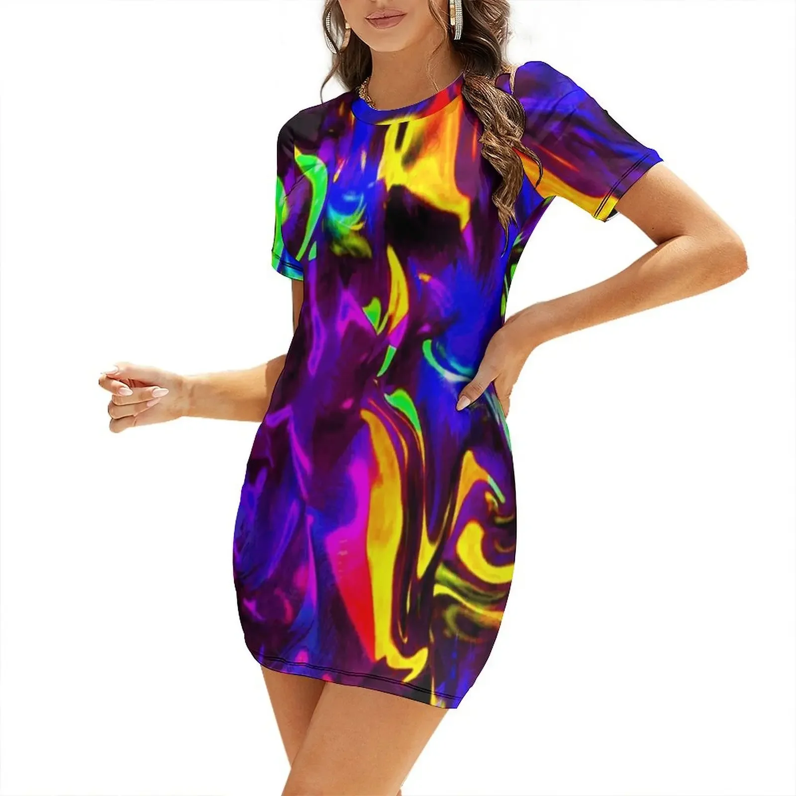 

Rave Rainbow of Glow Stick Fire Short-Sleeved Dress Women's dress Womens dresses elegant chic women dresses promotion Dress
