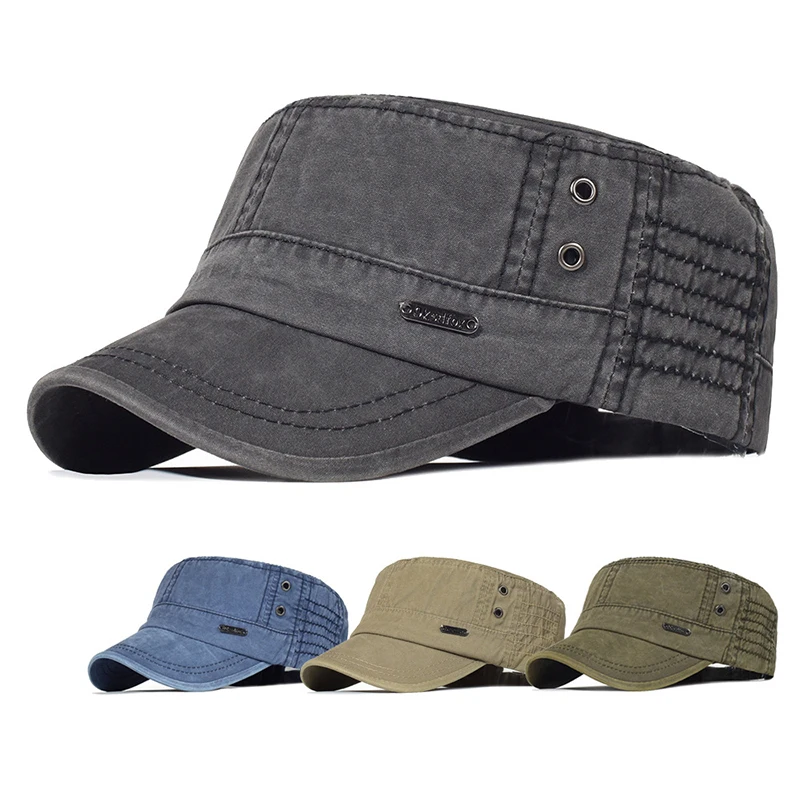 Unisex Four Seasons Washed Cotton Flat Hat Men And Women Unique Design Classic Vintage Flat Top Fashion Sun Proof Military Caps