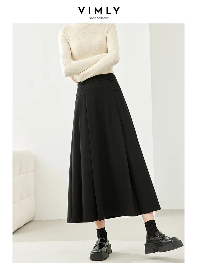 

Vimly Black A-line Pleated Skirts for Woman 2023 Winter Thick Elegant Office Ladies Umbrella Maxi Skirt Female Clothing M5599