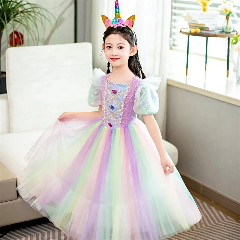 فستان أرجواني على شكل وحيد القرن للفتيات أزياء الهالوين بألوان قوس قزح للأميرة لأعياد ميلاد الأطفال ملابس كرتونية لحفلات الكرنفال الخيالية