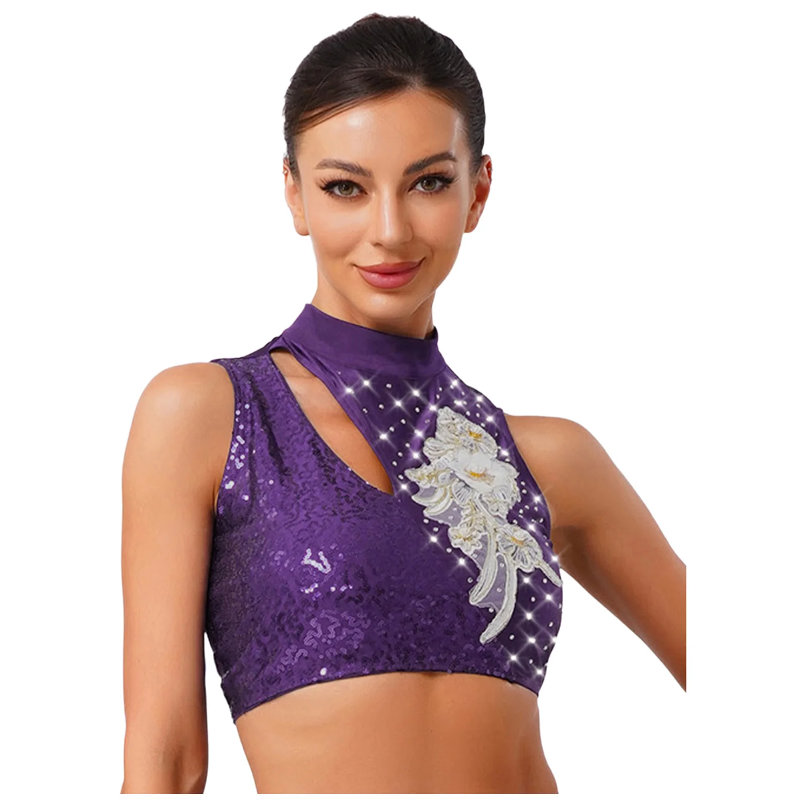 

Women Rhythmic Gymnastic Cropped Top Lyrical Dance Vest Sleeveless Hollow Out Sequins Embroidery Applique Dance Costume Tank Top