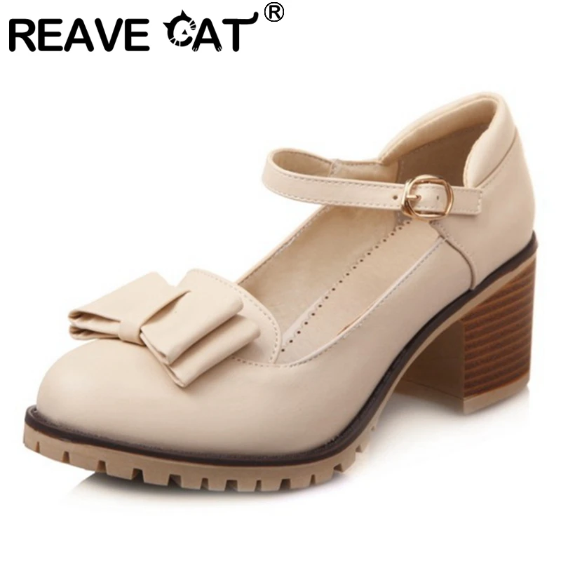 REAVE CAT Ladies Bowtie Pumps Janes Platforms Buckle Strap Round Toe 6CM Chunky Heel US12 Beige Pink Blue A4410