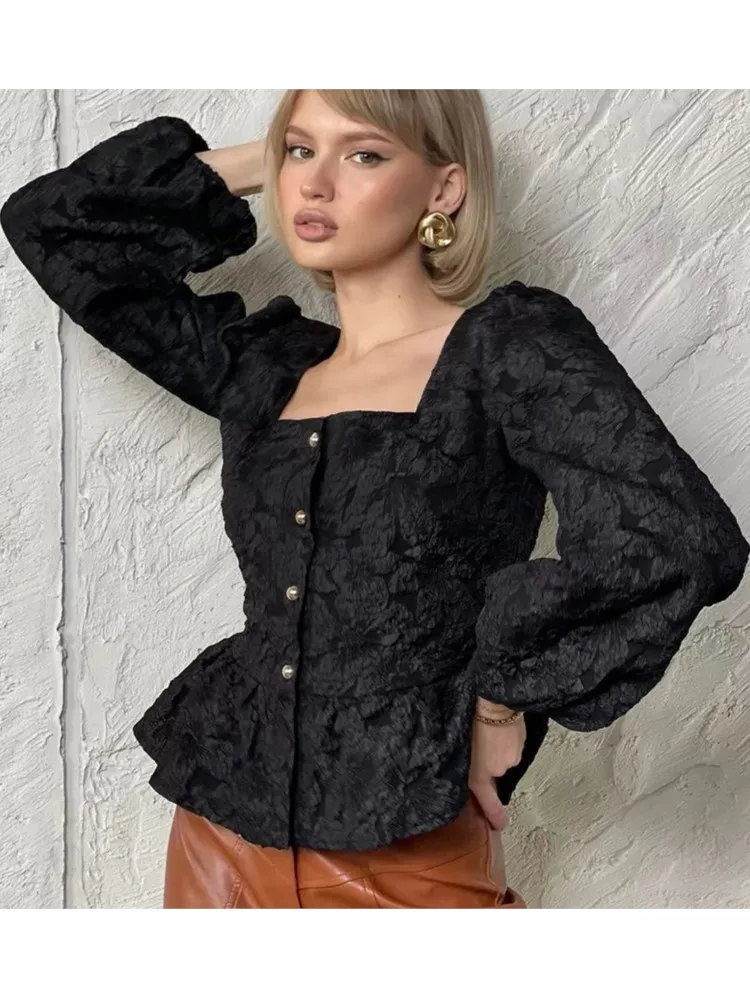 Elegant Solid Color Puffed-sleeve Top Fashion Square Neck Single-row Buckle Straight Cylinder Blouses Spring Autumn Ladies Shirt