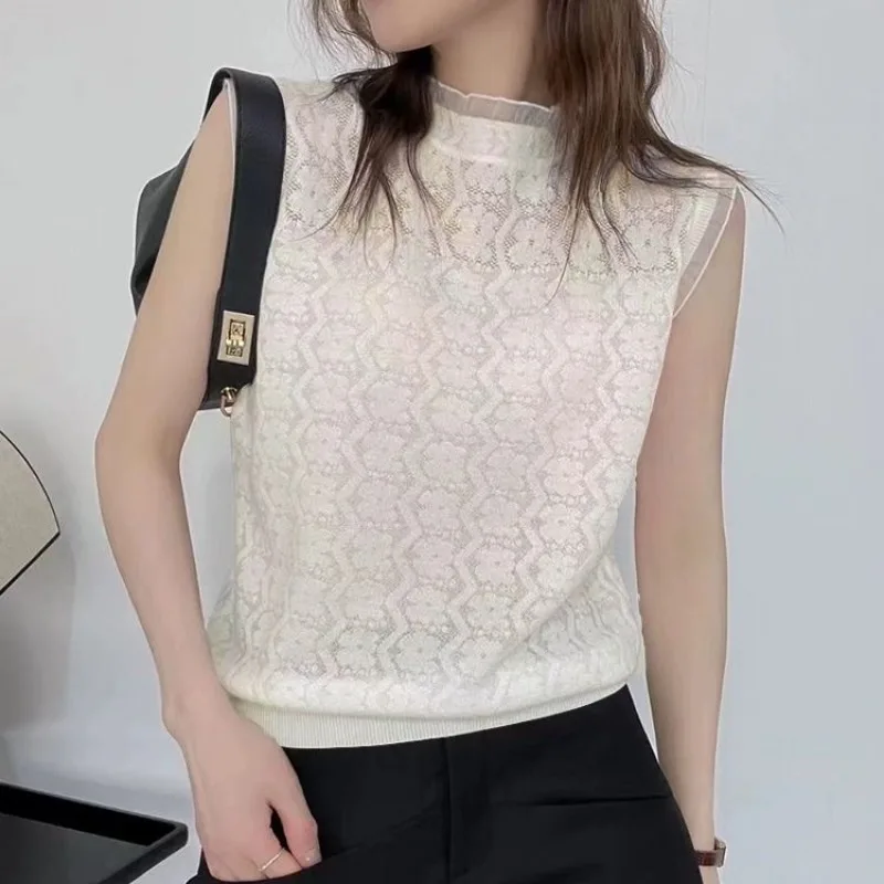 2024 New Versatile Lace Chic Tank for Women Summer Splicing Fashion Turtleneck Solid Color Hollow Thin Knitted Sleeveless Top