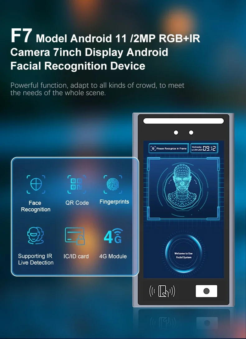 Gold Seller Rakinda F7 Android 11 Facial Recognition Biometric Access Control 7inch Display IP65 Grade with Time Attend