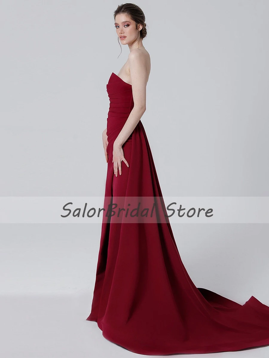 Mermaid Evening Dresses for Women Burgundy Strapless Slit Elegant Evening Party Gowns Long Sleeveless Draped Simple Prom Dress