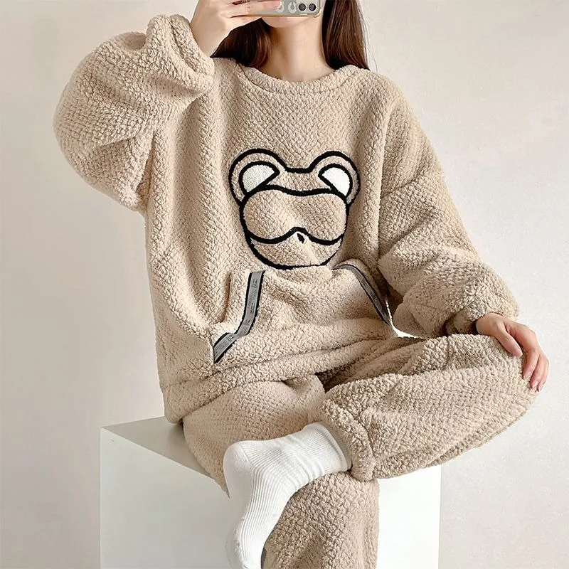 

2023 New Pajamas for Women Autumn Winter Loungewear Thickened Warm Sleepwear Coral Velvet Flannel Homewear Set O-neck Nightwear