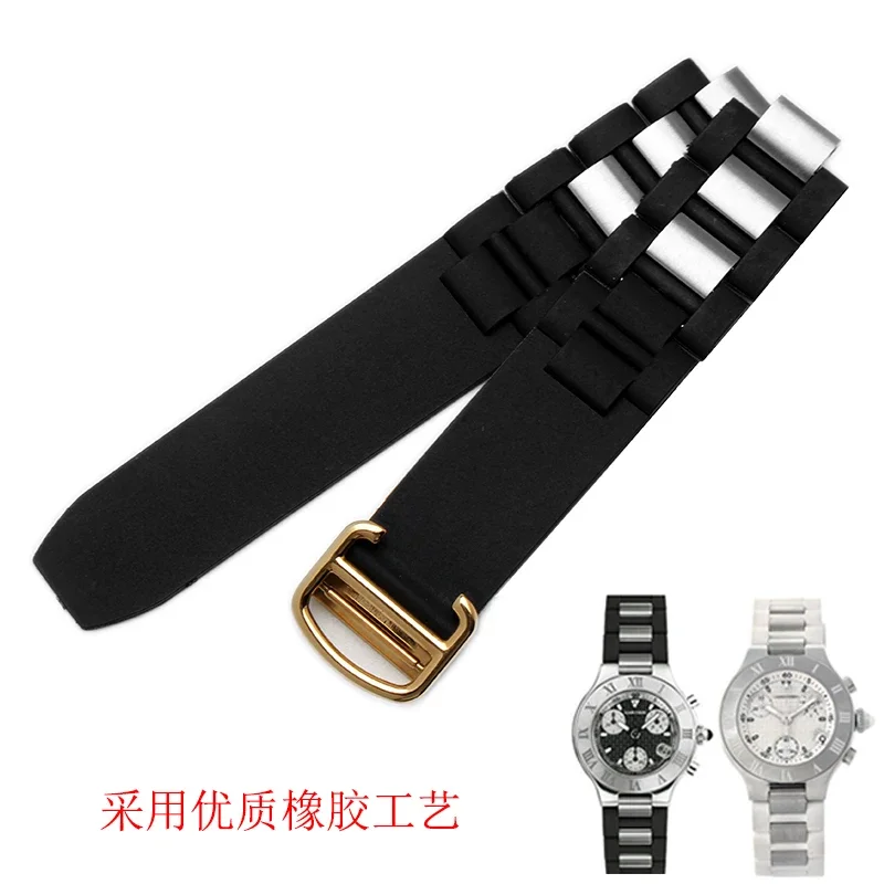 High quality silicon tape 20mm*10mm Black Rubber Replacement Watch Band With Silver Clasp For Cartier 21 Chronoscaph