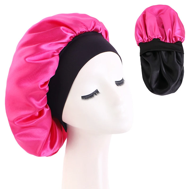 Satin Hair Bonnet For Sleeping Women Wide Brim Sleep Cap Hair Bonnet For Curly Hair Showercap Women Men Solid Night Sleep Cap