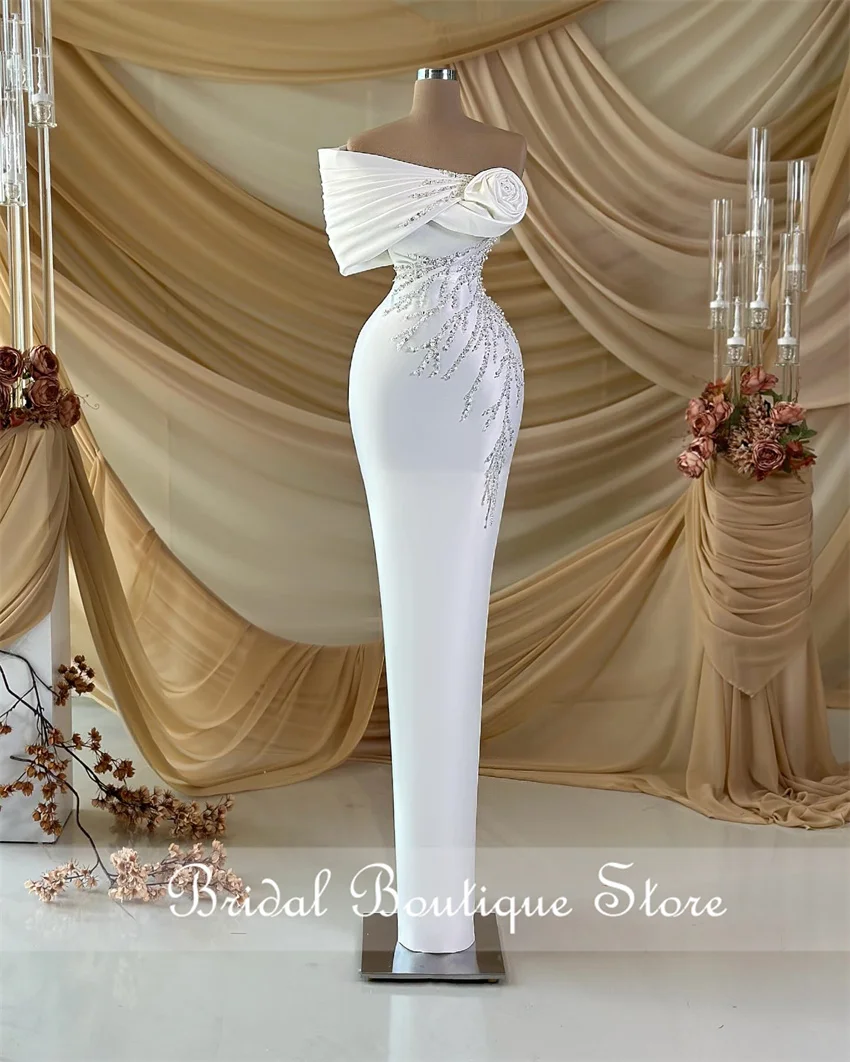 

Elegant Satin Mermaid Wedding Dresses Off the Shoulder Luxury Bead Pearls Bridal Gowns Robe De Mariee Vestidos Customized