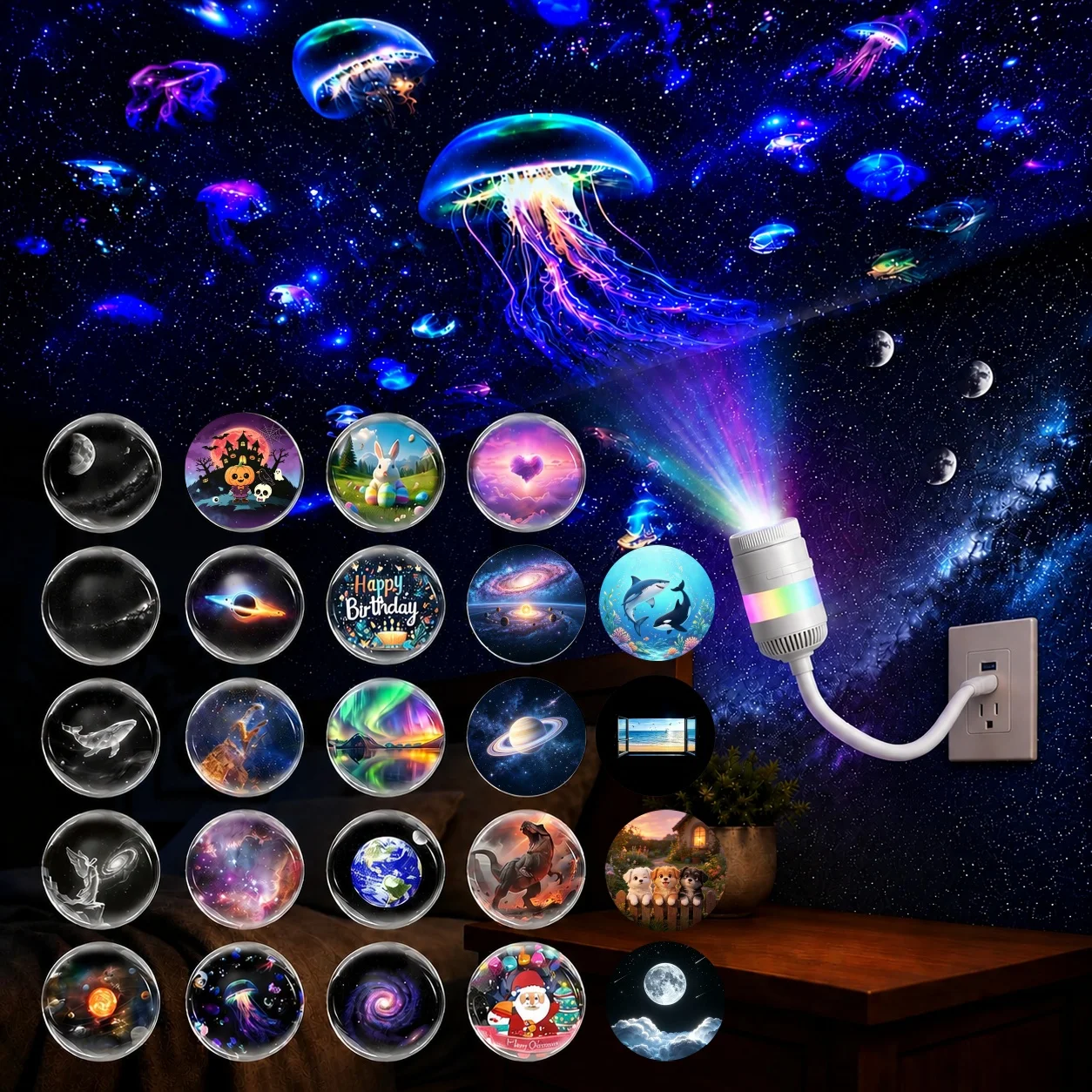 5D Galaxy Projector  2 in 1 USB Star Projector Night Light with 13 Slides, 360° Flexible Gooseneck Ceiling Projector Bedroom