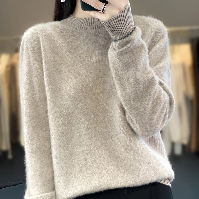 Autumn and winter new 100% merino wool semi-turtle neck women's knitted pullover solid color twill stitching pattern loose top