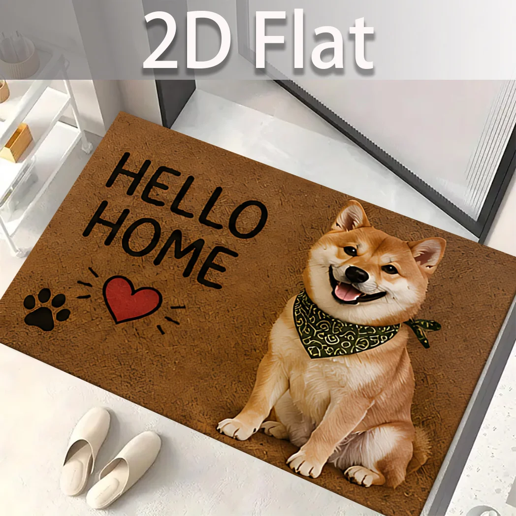 Shiba Inu Hello Home Paw Heart Doormat Brown Base Bandana Detail Print Non Slip Indoor Floor Mat For Dog Home Decoration