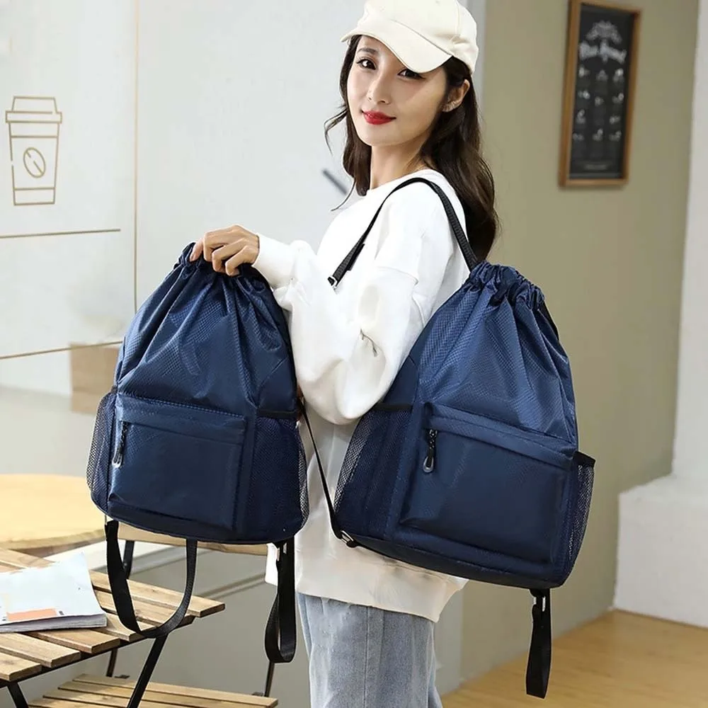 Portable Gym Drawstring Bag Quick Drying Large Capacity Oxford Cloth Backpack Adjustable Straps Solid Color