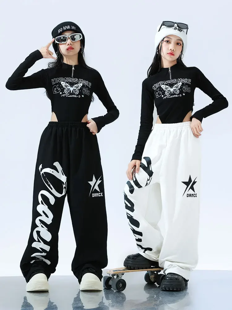 

Одежда в стиле хип-хоп для девочек, черные топы с принтом бабочки, белая уличная одежда, брюки для бега для детей, танцевальный костюм, одежда