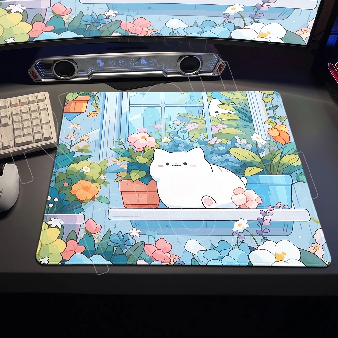 Small Green Plants Office Mouse Pad Cute White Cat Mousepad Anime Gaming Keyboard Desk Mats Laptop E-Sports Deskpad Gamer Pads