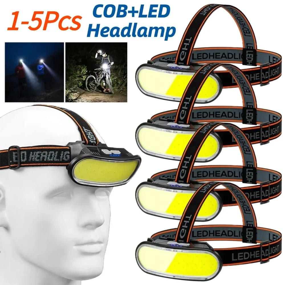 Linterna frontal LED COB portátil, resistente al agua, potente linterna frontal recargable por USB para acampar al aire libre y correr, 1-5 uds.