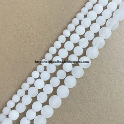 Natural Stone Matte White Clear Jade Round Loose Beads 15