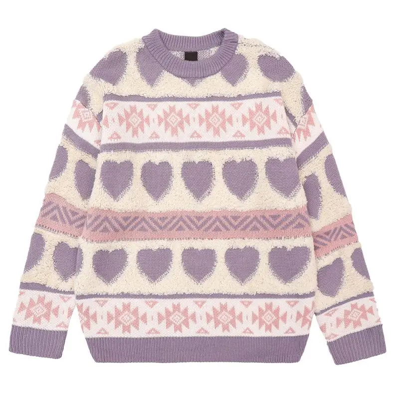 Knitwear Purple Coat Woman Japanese Love-heart Jacquard Retro Thick Loose Pullover Couple\'s Autumn Winter Niche Sweater Fashion