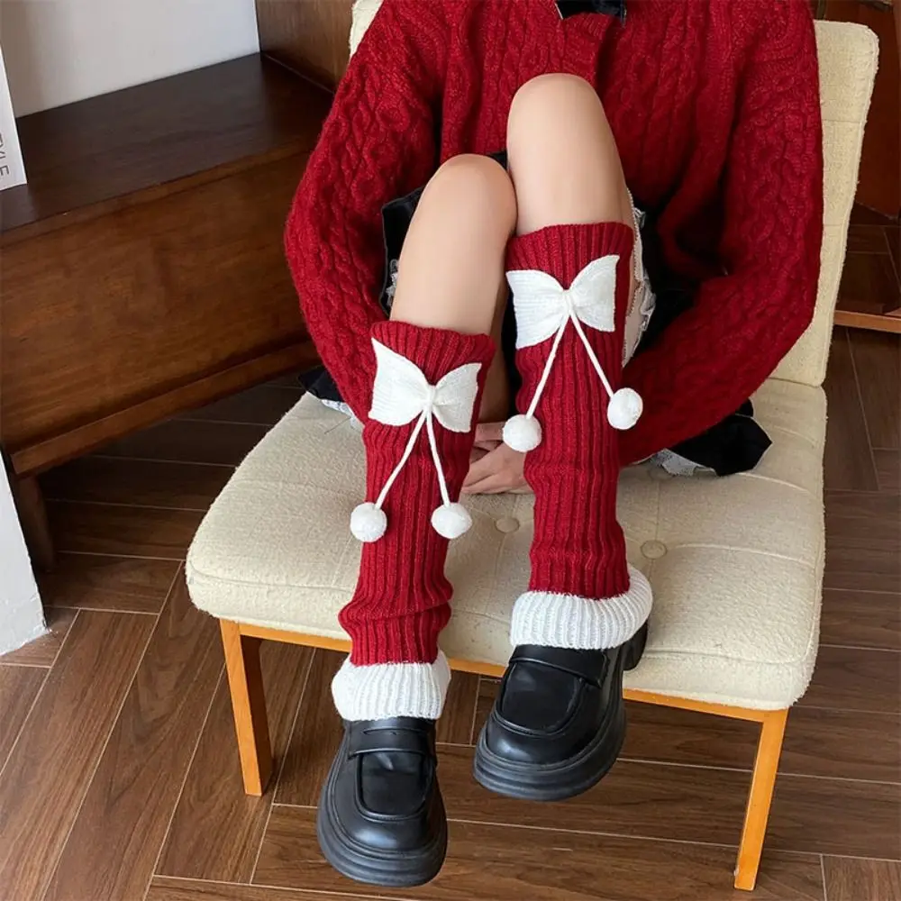 Japanese Lolita Socks Women Furry Bow Lace Hairball Leg Warmer Ankola Red Thickened New Year Christmas Knee Socks Autumn Winter