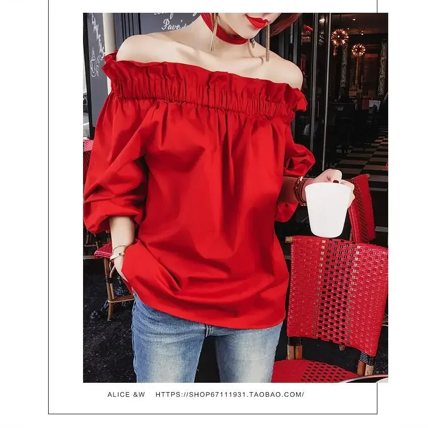 Off Shoulder Tops 2024 Summer Fashion Casual Slash Neck White Black Red Lantern Sleeve Loose Ruffle Blouses Women