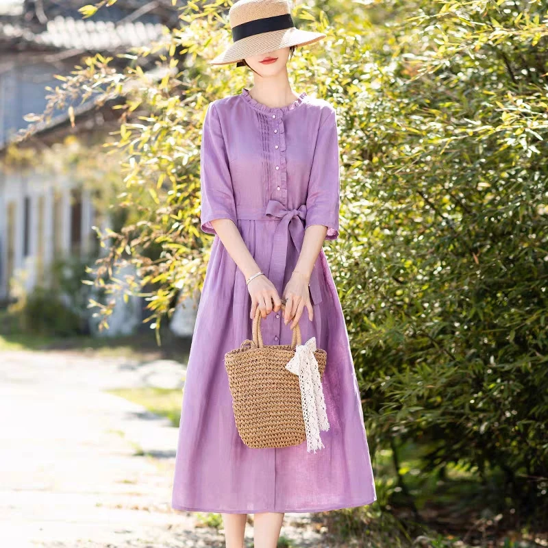 Ele Cotton Lin ort Sve Dr تنورة نسائية طويلة بحزام عالي الخصر لربيع وصيف Faion Lady Sle Midi Dr #4