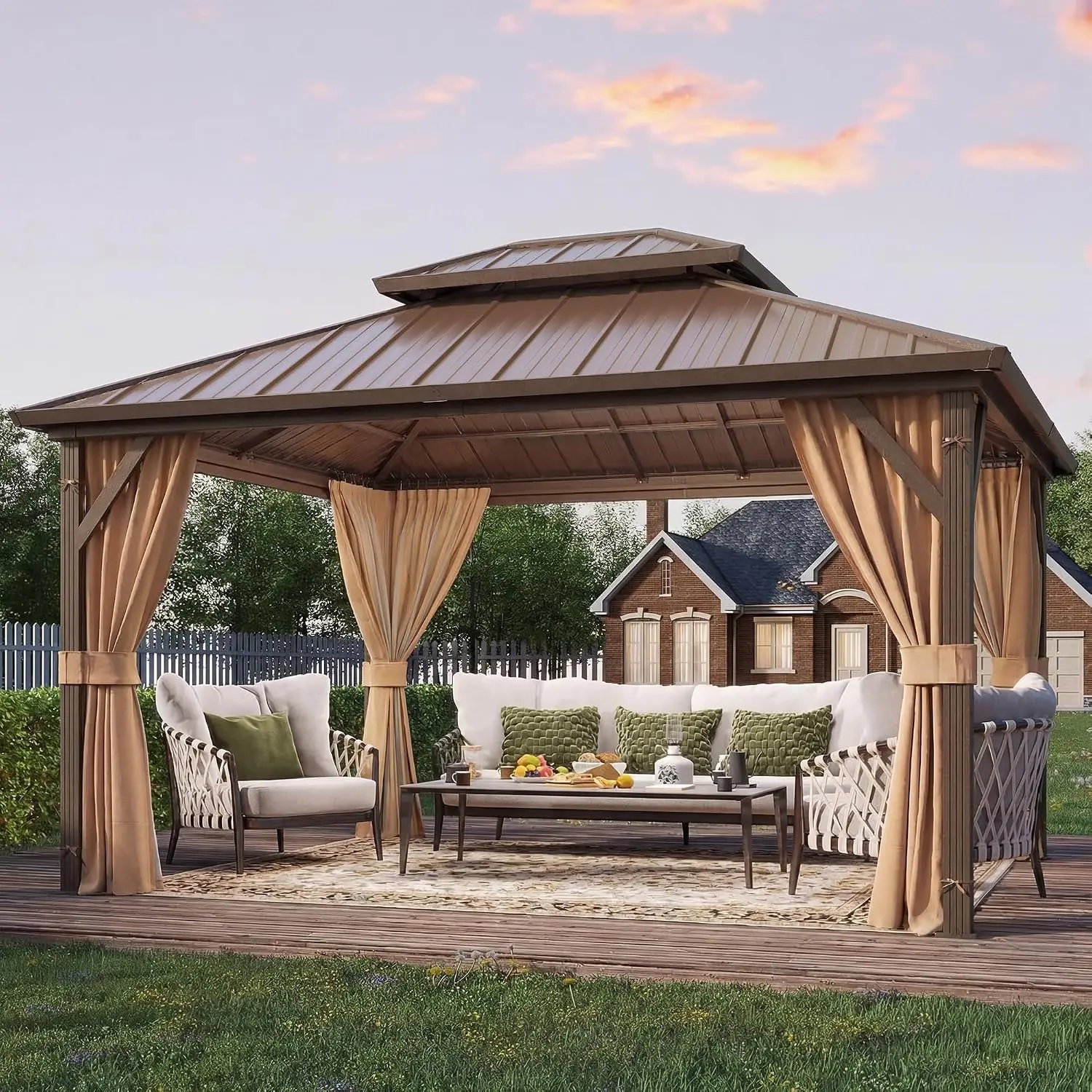10' x 12' Hardtop Gazebo, Metal Gazebo with Aluminum Frame, Double Galvanized Steel Roof, Curtains and Netting, Customized